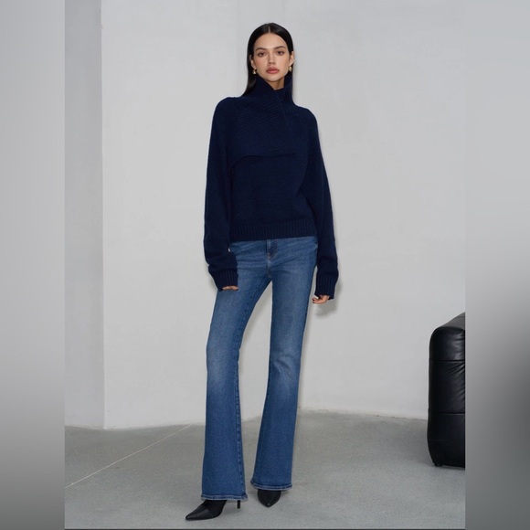 ZARA Ribbed Asymmetrical Turtleneck Sweater Navy Wool Blend Size S Minimal Knit - Picture 13 of 16